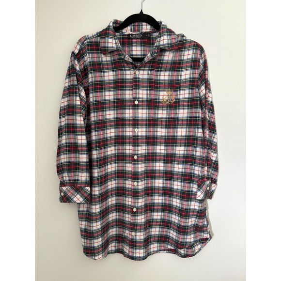 Lauren Ralph Lauren Flannel Cotton Sleep Shirt Plaid Embroidered‎ Logo Cabincore - Picture 2 of 12